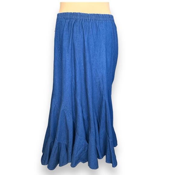 90s Alfredo’s Wife Denim Maxi Skirt Blue Tiered Flowy Boho Medium Wash Jean - Picture 7 of 9